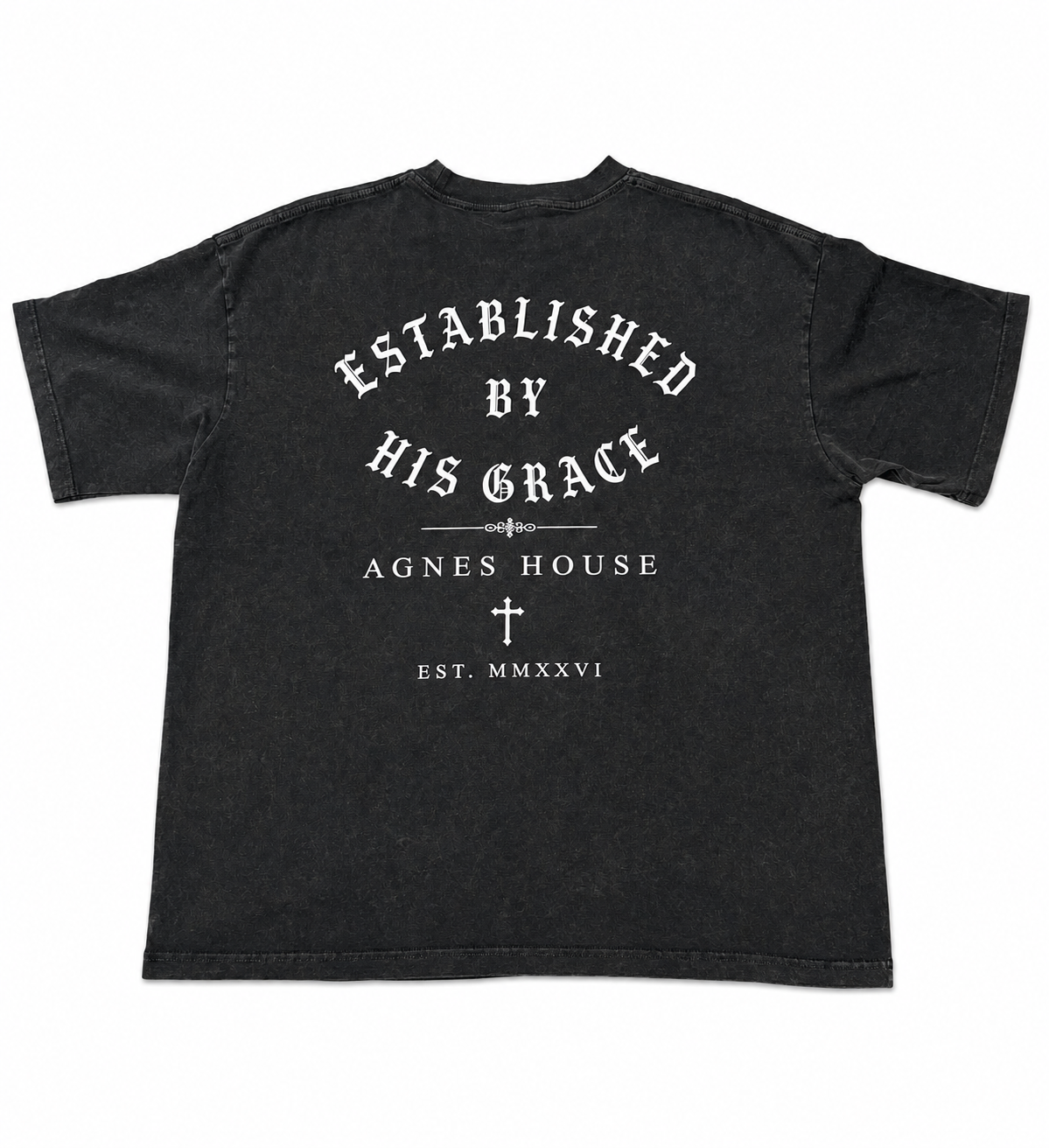 Black oversized Christian T-Shirt featuring Established by His Grace with faith-inspired lettering 