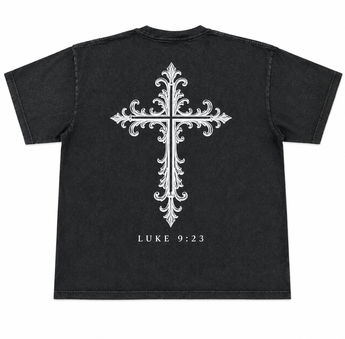 Washed black oversized Christian T-Shirt with large ornate cross graphic and Luke 9:23 on the back.