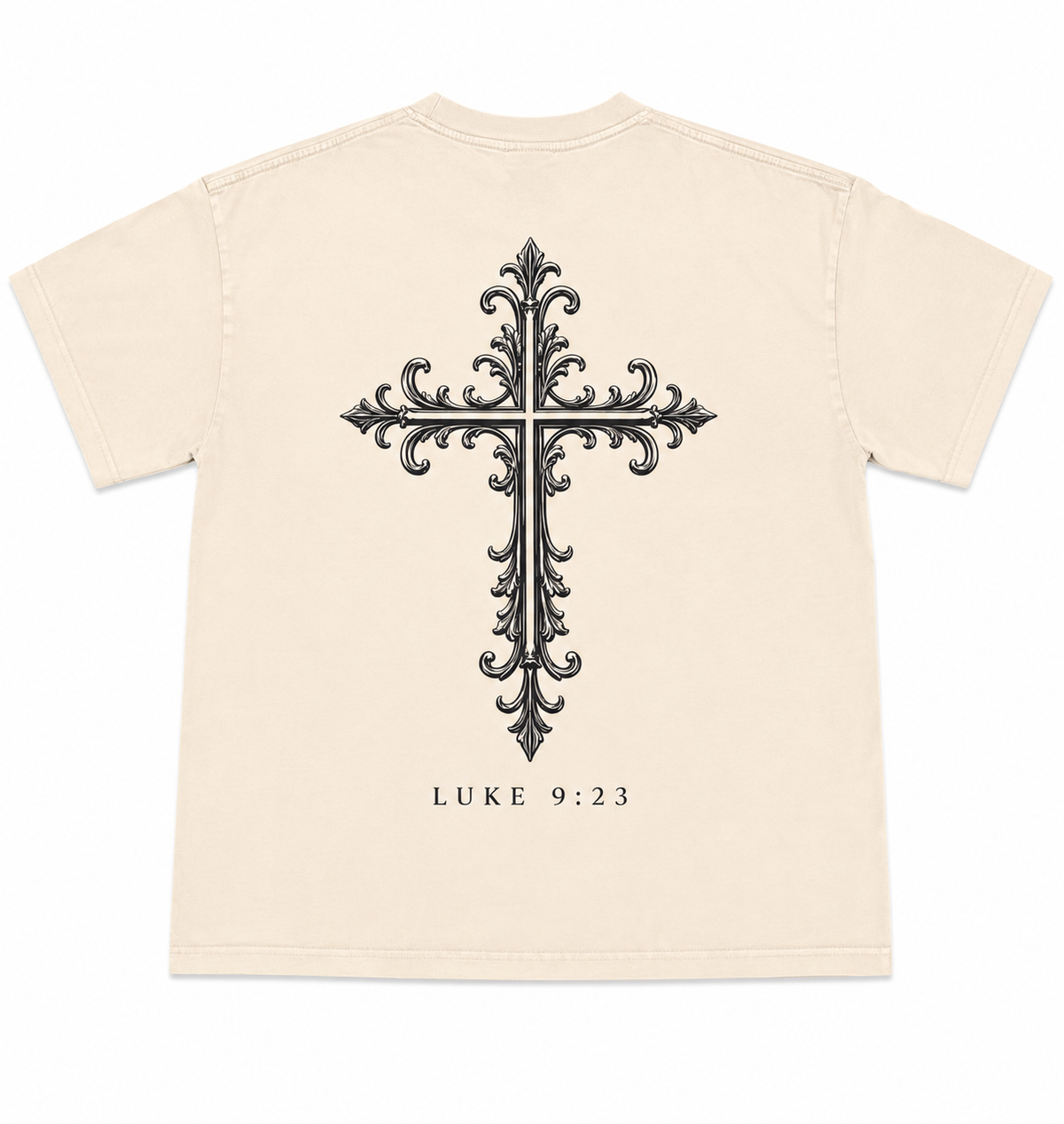 Cream oversized Christian T-Shirt with a large ornate cross graphic and Luke 9:23 on the back.