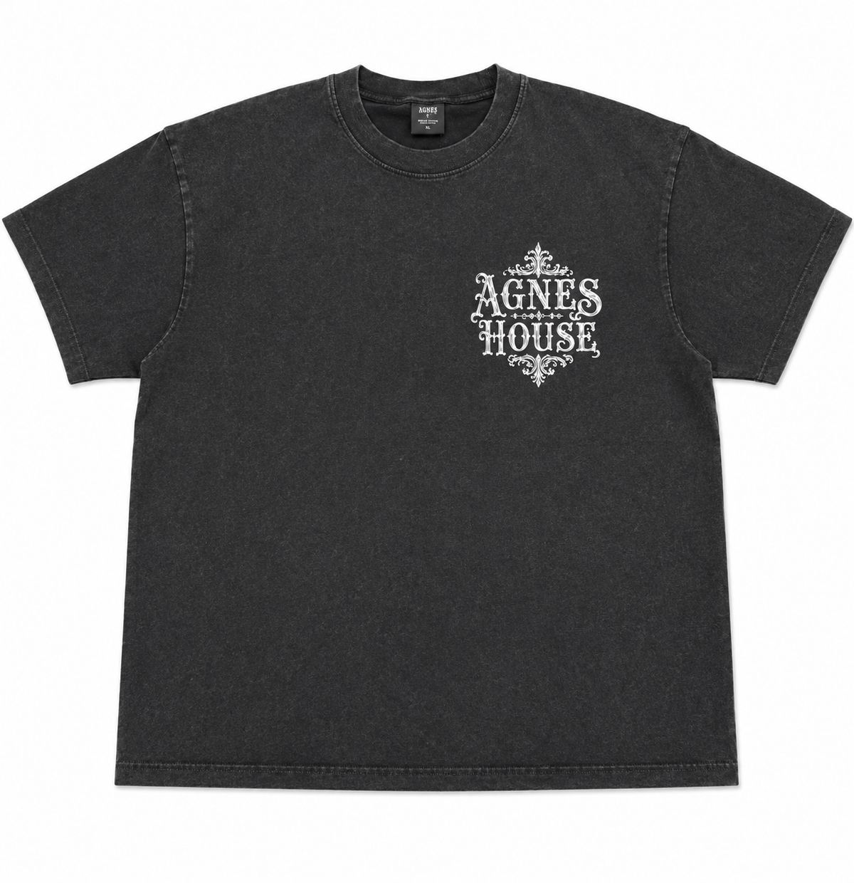 Washed black oversized Christian T-Shirt with Agnes House cross logo on the left chest. 