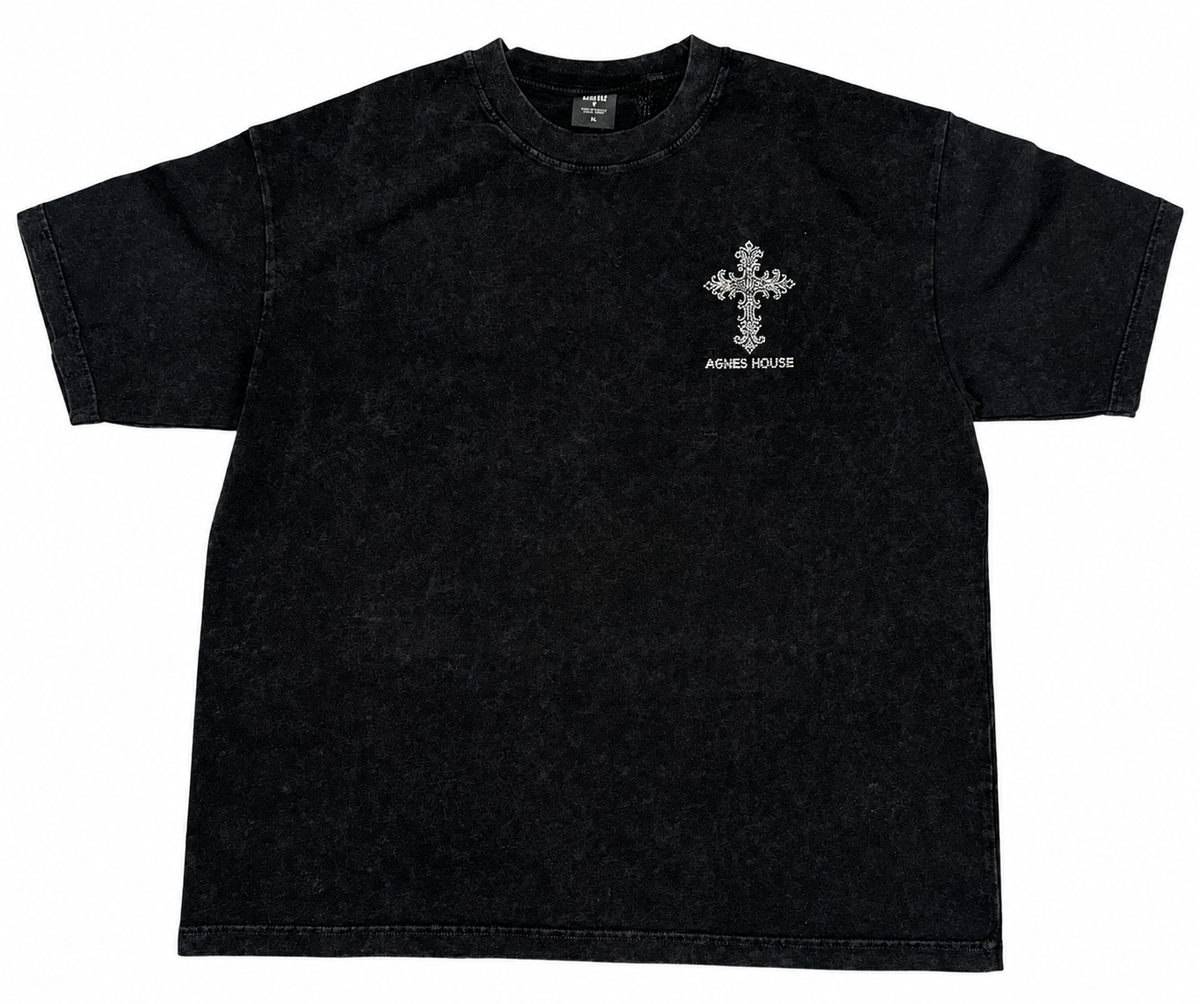 Black washed oversized Christian T-shirt featuring a small rhinestone cross and Agnes House logo on the front.