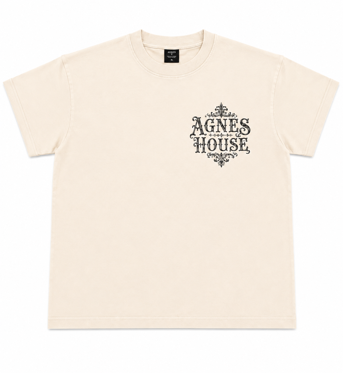 Creme oversized Christian T-Shirt with Agnes House logo and cross graphic on the left chest.