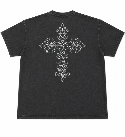 Black washed oversized Christian T-Shirt featuring a large rhinestone cross on the back.