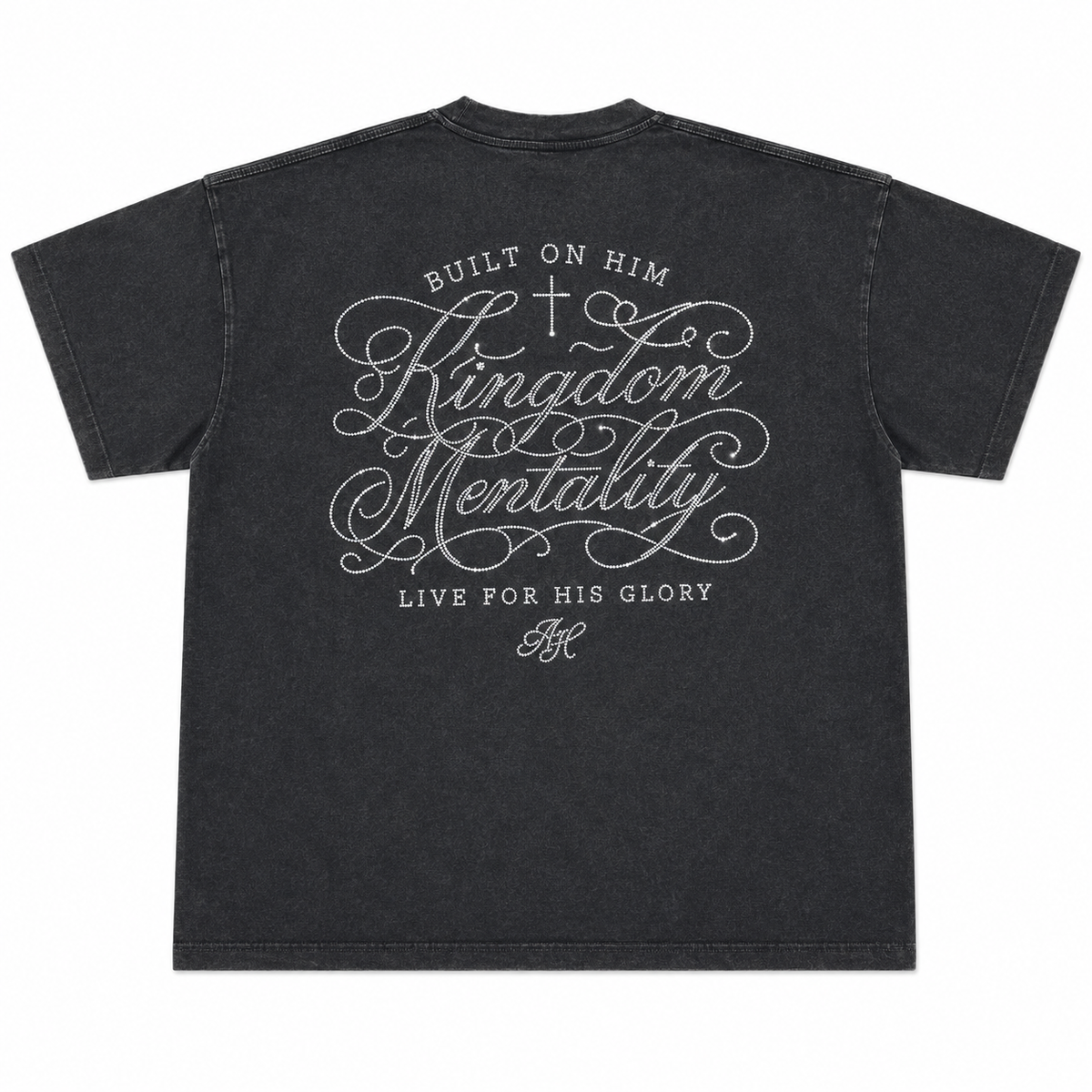 Washed black oversized Christian T-shirt featuring the Kingdom Mentality graphic on the back with rhinestone detailing. 