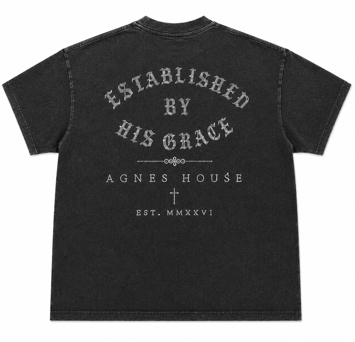 Washed black oversized Christian T-Shirt featuring Established by His Grace graphic and rhinestone detailing