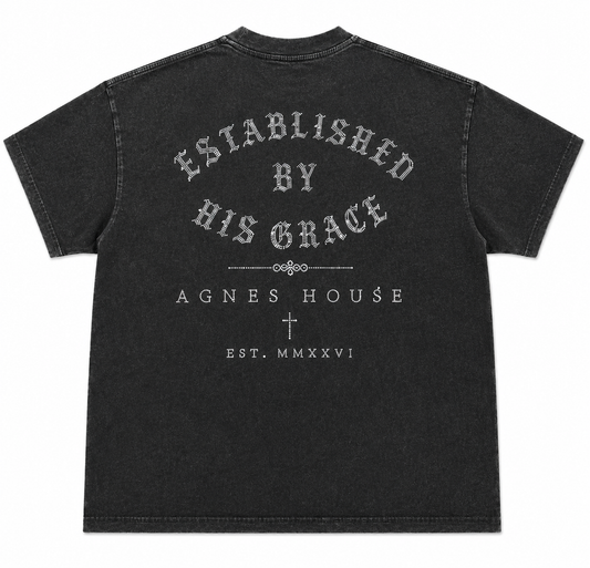 Washed black oversized Christian T-Shirt featuring Established by His Grace graphic and rhinestone detailing