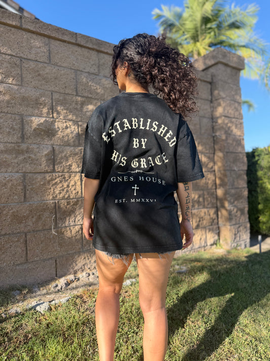 ESTABLISHED BY HIS GRACE  OVERSIZED ACID WASH CHRISTIAN TEE